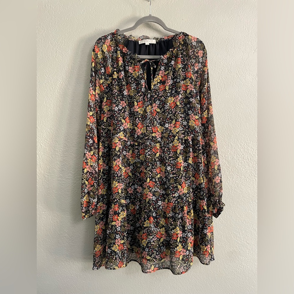 LOFT Floral Tie Neck Long Sleeve Mini Dress size L